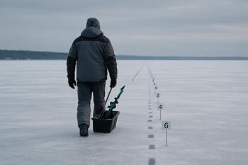 Ice angler walking along a marked path of holes on the frozen lake