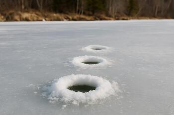 Row of first drilled ice holes starting near the shoreline