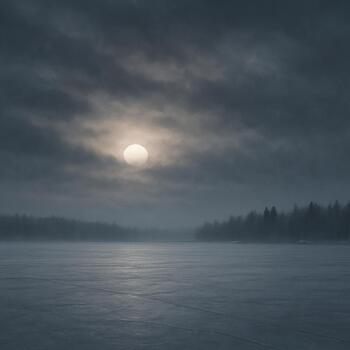 Sun disk shining through thin winter clouds over the ice