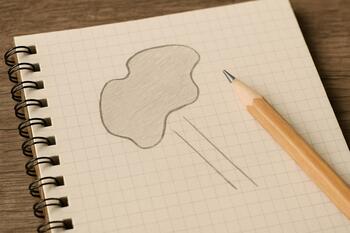 Pencil resting on a notebook page with a simple hand drawn lake outline