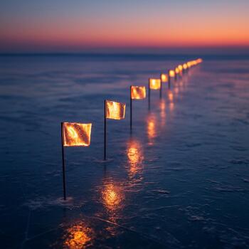 Row of small reflective flags marking a path across dusk ice