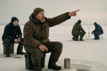 Two anglers on the ice pointing toward the distant horizon while discussing spots