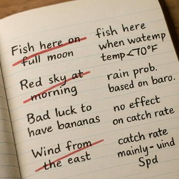 Open logbook page with some old lines crossed out and new notes written beside them