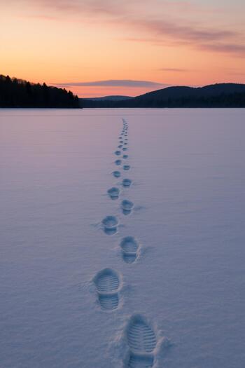 Boot tracks leading from the last hole back toward the shoreline at dusk