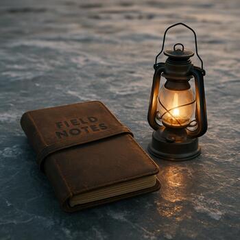 Closed notebook and small lantern resting on the ice beside a finished hole