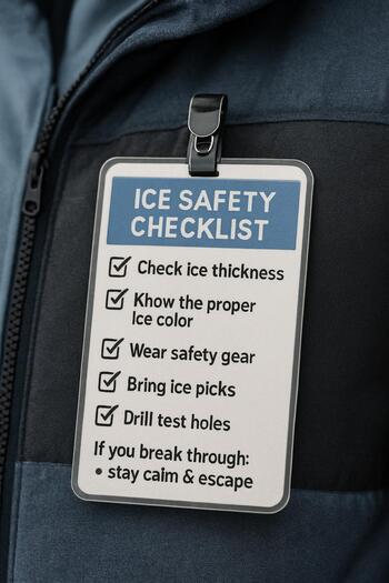 Small laminated ice safety card clipped to the zipper of a winter jacket