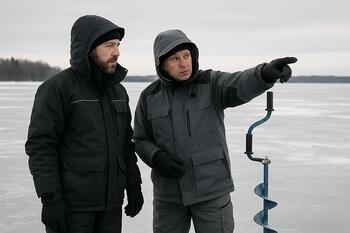 Two anglers standing on the ice and discussing conditions before drilling