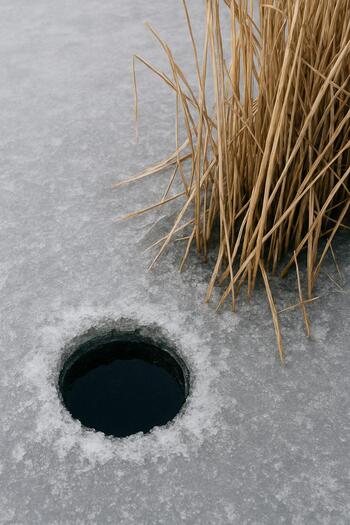 Ice fishing hole drilled close to frozen reeds near the shoreline