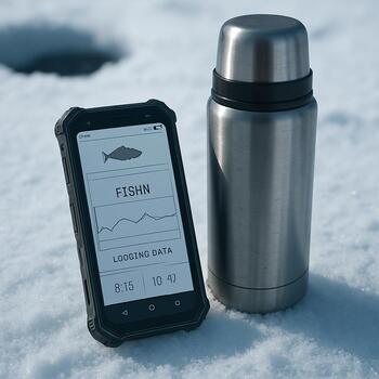Thermos and phone placed on snow while angler pauses before walking onto the ice