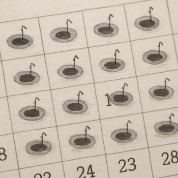 Calendar page with tiny hole icons drawn on several winter dates