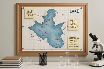 Cork wall board with lake sketches and small season cards pinned in rows