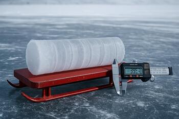 Clear ice core lying on a small sled with other safety gear