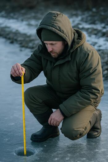 Angler measuring ice thickness near the shoreline with a simple gauge