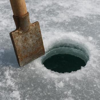 Spud bar resting beside a freshly chopped test hole in the ice