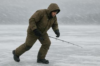 Ice angler walking into the wind across open snow-covered ice