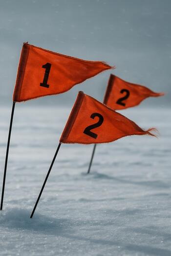 Small marker flags bending in the breeze on a frozen lake