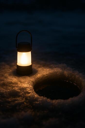 Small lantern glowing beside an ice fishing hole at dusk