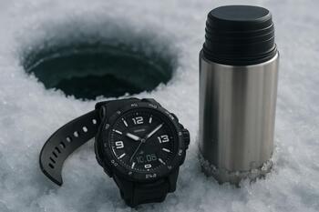 Wristwatch and thermos resting on the ice next to a drilled hole