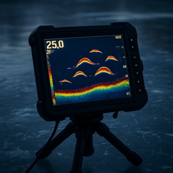 Tablet screen showing under-ice sonar graphs with fish arches and lure movement