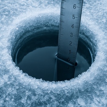 Close-up of a drilled ice fishing hole with a ruler measuring ice thickness