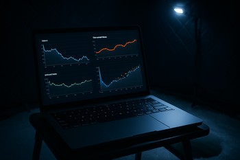 Laptop showing an under-ice data dashboard during a night ice session
