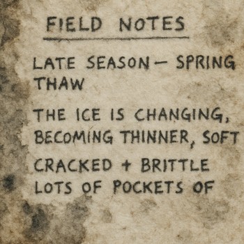 Ice fishing hole near thawing shoreline with notes lying on wet ice