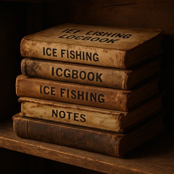 Stack of worn field logbooks resting on frosty winter ice