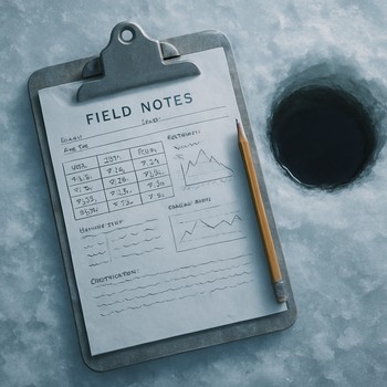 Clipboard with short field notes resting on lake ice