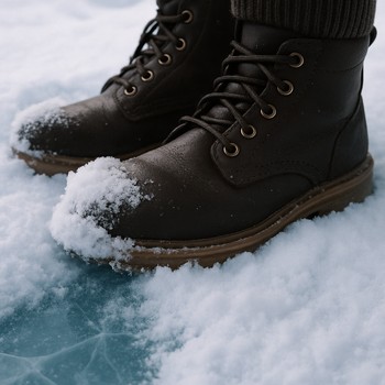 Ice fishing boots standing on soft snow over quiet ice