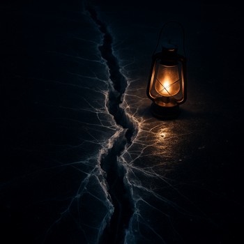 Lantern on night ice near a visible crack line