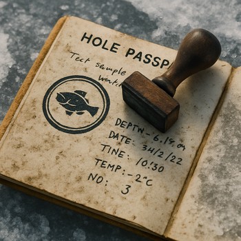 Small notebook with a stamped hole passport and pencil on lake ice