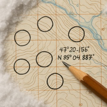 Hand-drawn mini map with coordinates and depth rings for an ice fishing hole