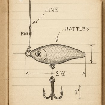 Sketch of three different ice fishing rigs drawn in a hole passport margin