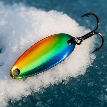 Shiny ice fishing spoon lure resting on blue snow next to a drilled hole