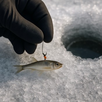 Live-bait ice fishing rig coiled on a glove lying on clear ice