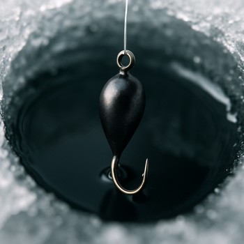 Tiny tungsten jig hanging over a dark ice fishing hole