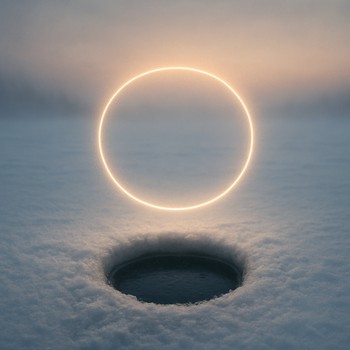 Circular light halo around an ice fishing hole at dawn