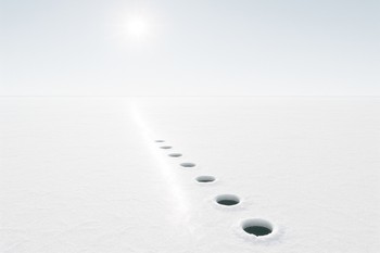 Flat daylight over a snow covered lake with a single drilled ice hole